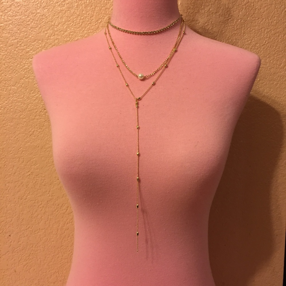🎀 Lovely Boho triple layered ball chain faux pearl tassel choker - Picture 2 of 7